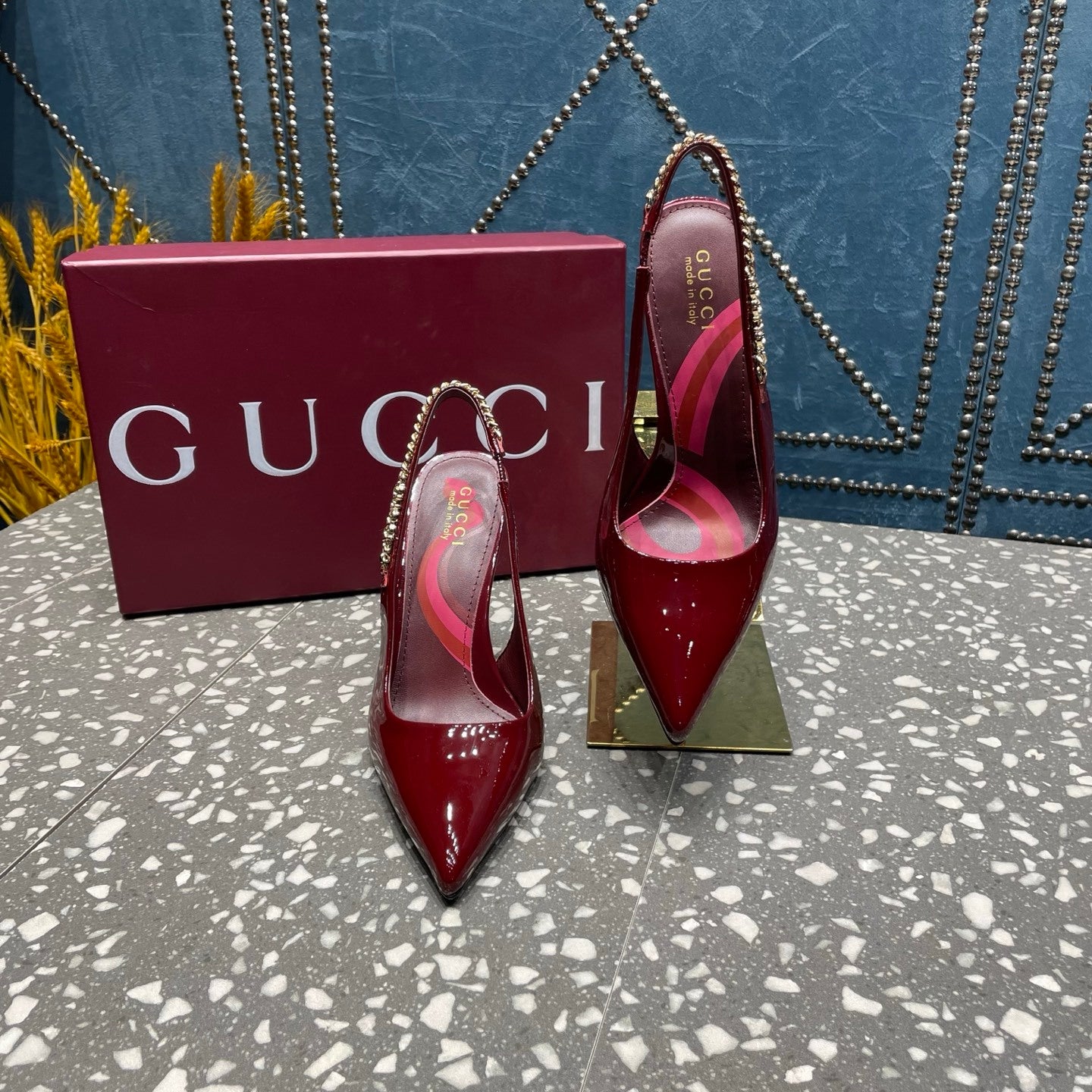 BURGUNDY PATENT CHAIN SLINGBACK PUMPS