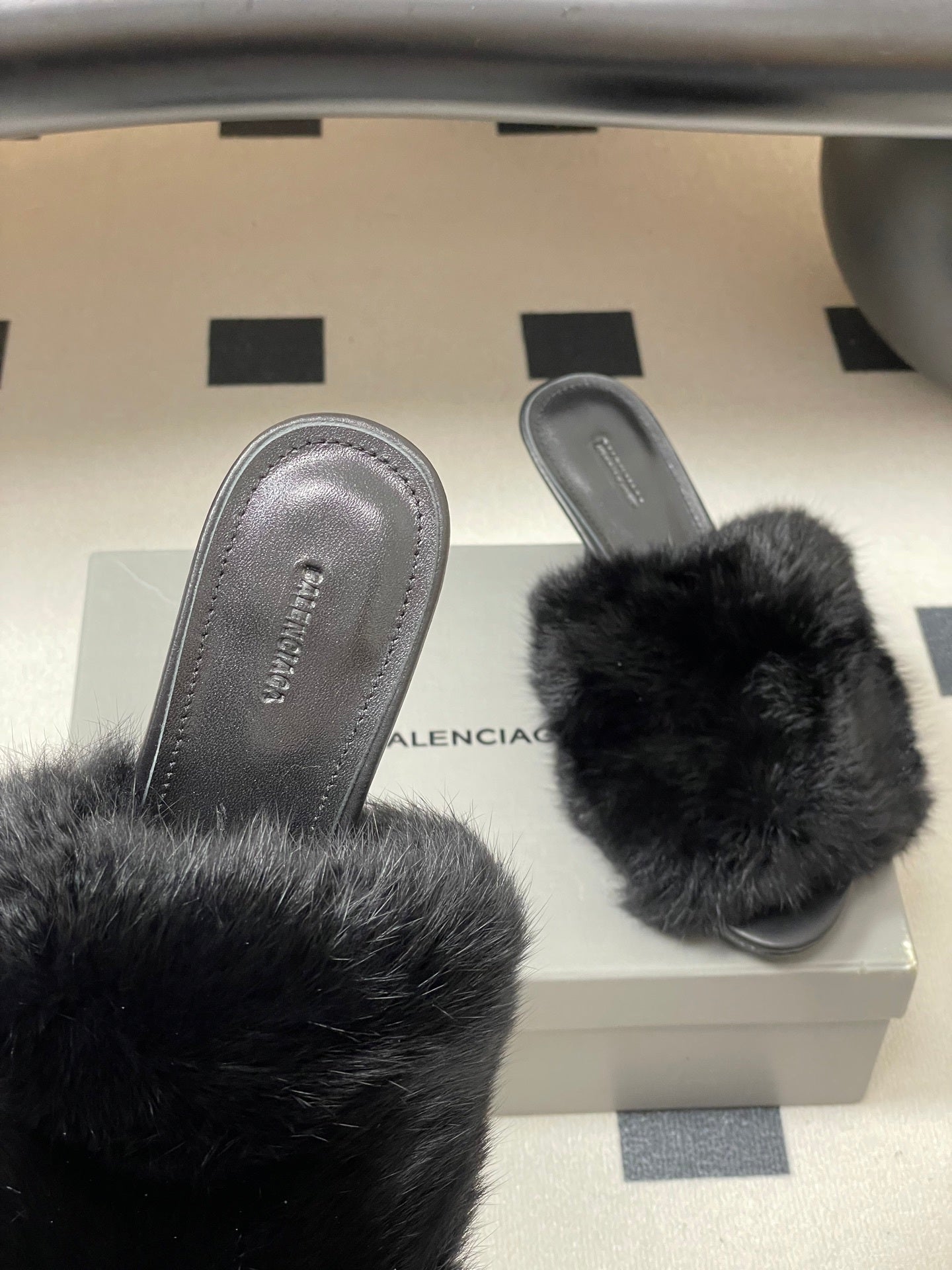 BLACK FUR STRAP MULE HEELS