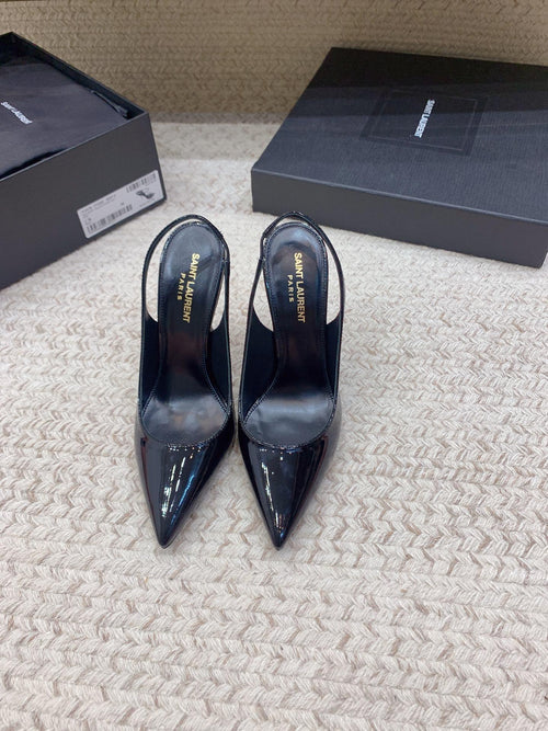 BLACK PATENT SLINGBACK HEELS WITH STATEMENT HEEL