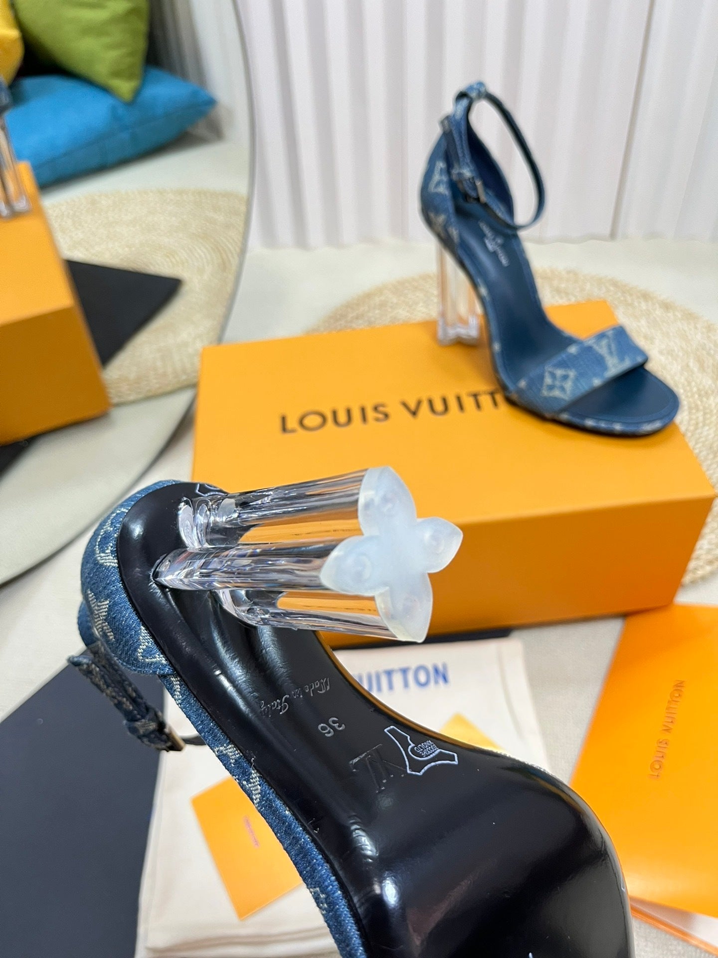 DENIM MONOGRAM CLEAR HEEL SANDALS