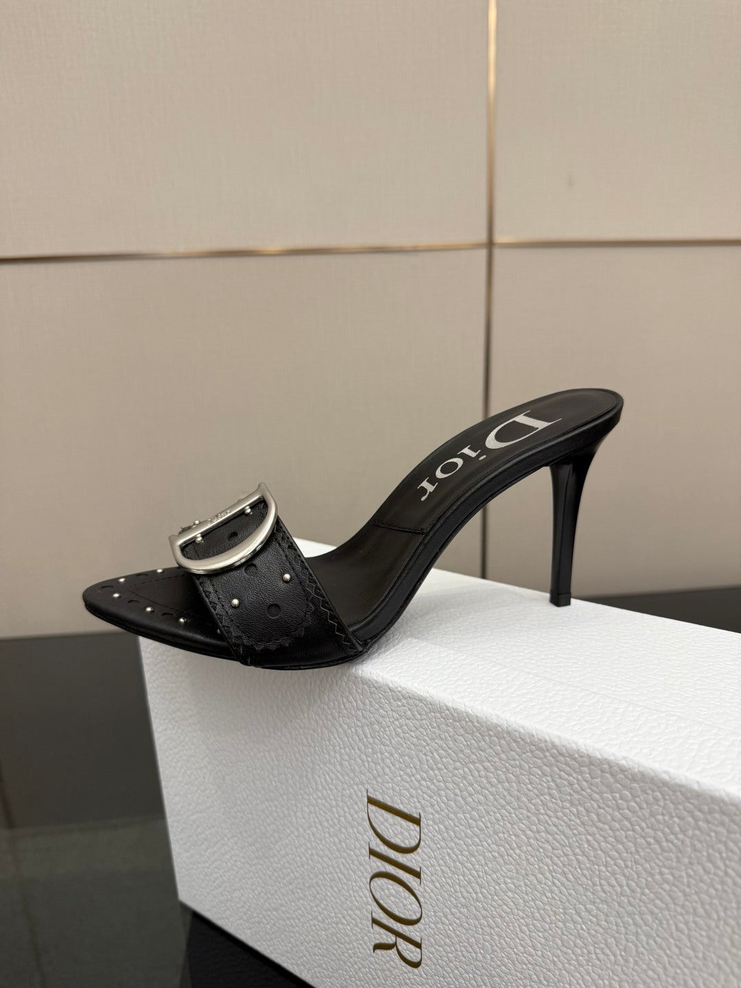 BLACK STUDDED LOGO MULE HEELS