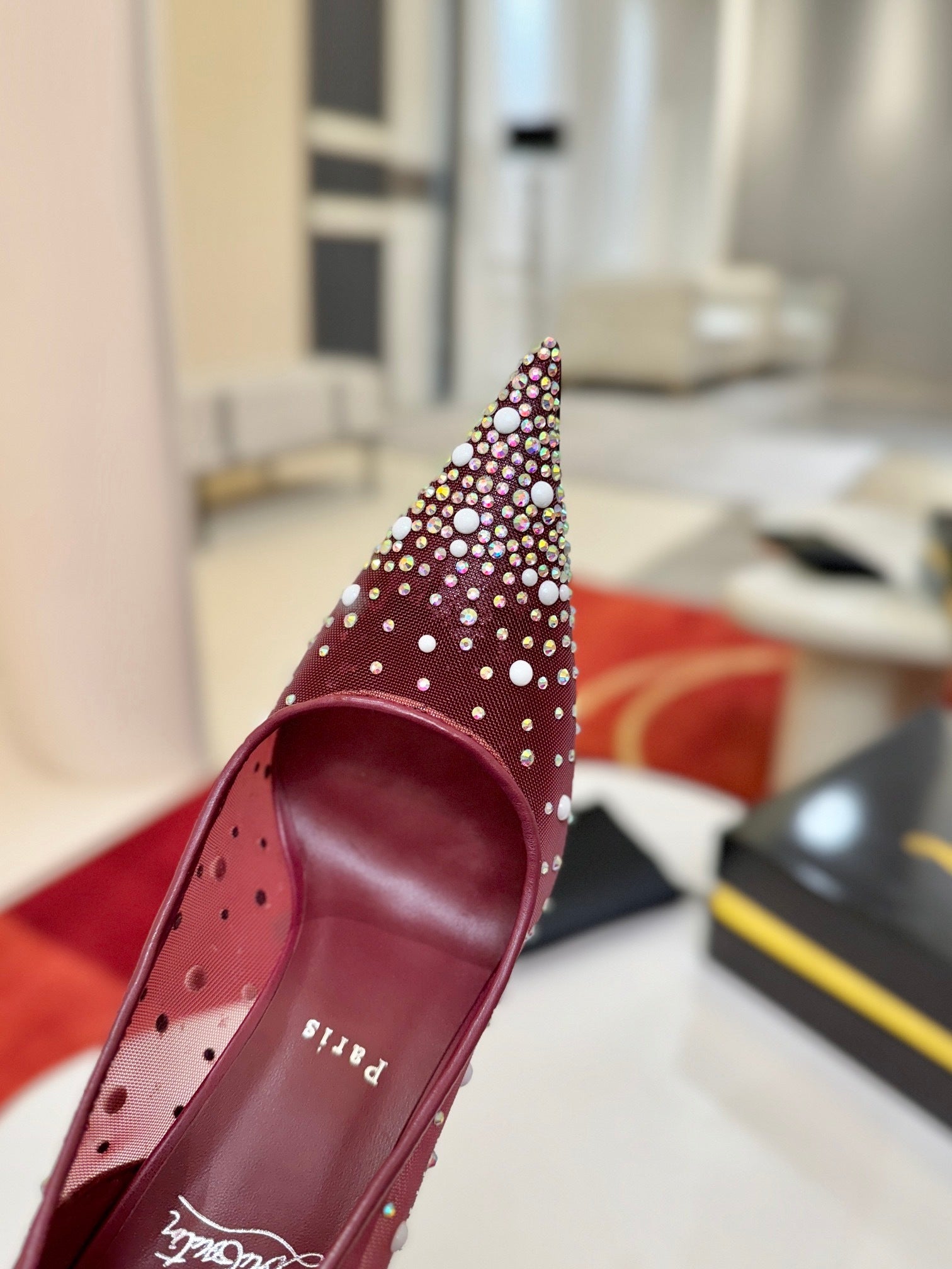 BURGUNDY RHINESTONE MESH PUMPS