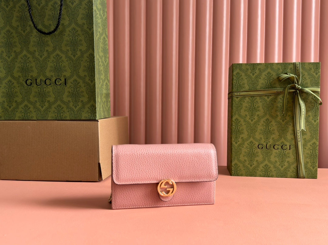 BLUSH PINK LEATHER CHAIN WALLET CROSSBODY BAG