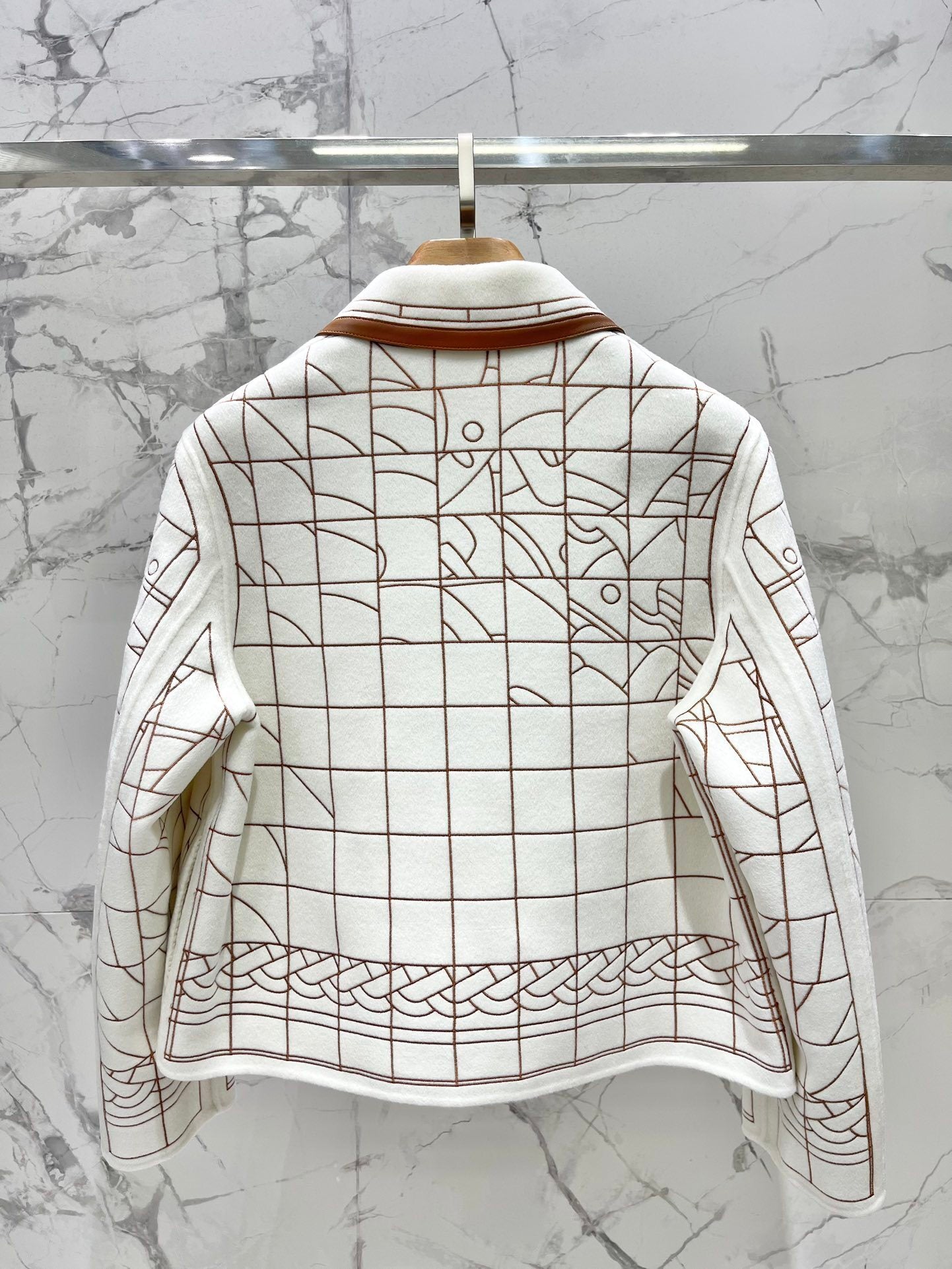 GEOMETRIC PATTERN ZIP JACKET WITH LEATHER TRIM