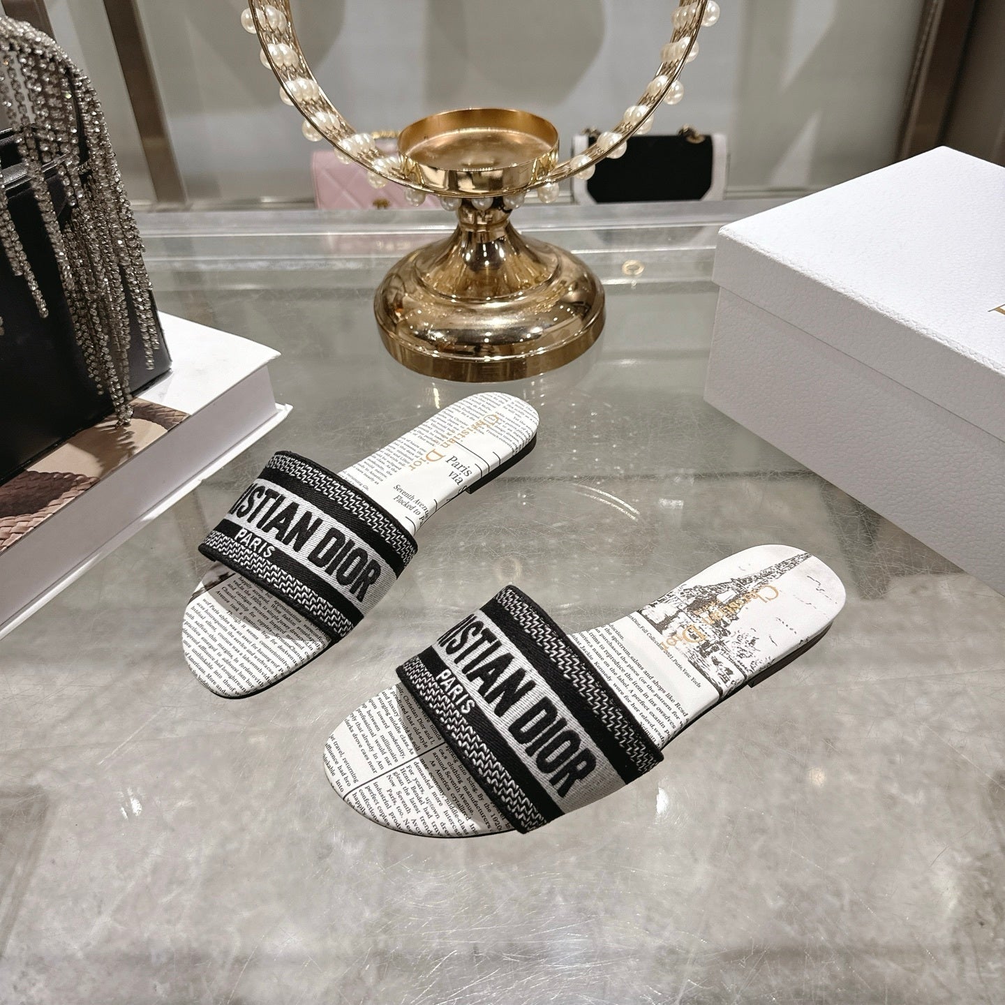 PARIS PRINT LOGO STRAP SLIDE SANDALS