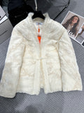 LUXURY IVORY FLORAL PADDED JACKET WITH FUR ACCENTS