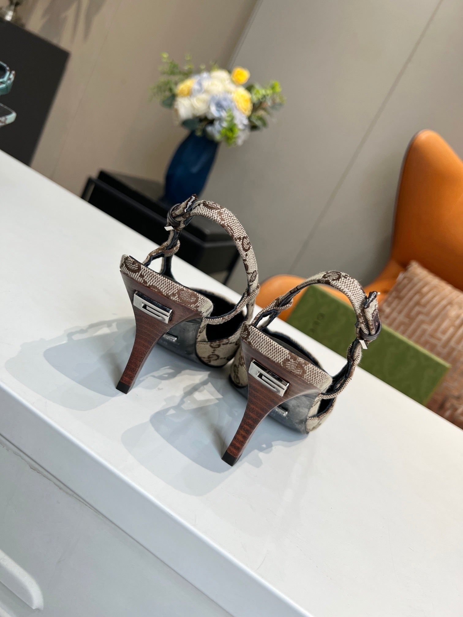 MONOGRAM T-STRAP SLINGBACK HEELS WITH SCULPTED HEEL