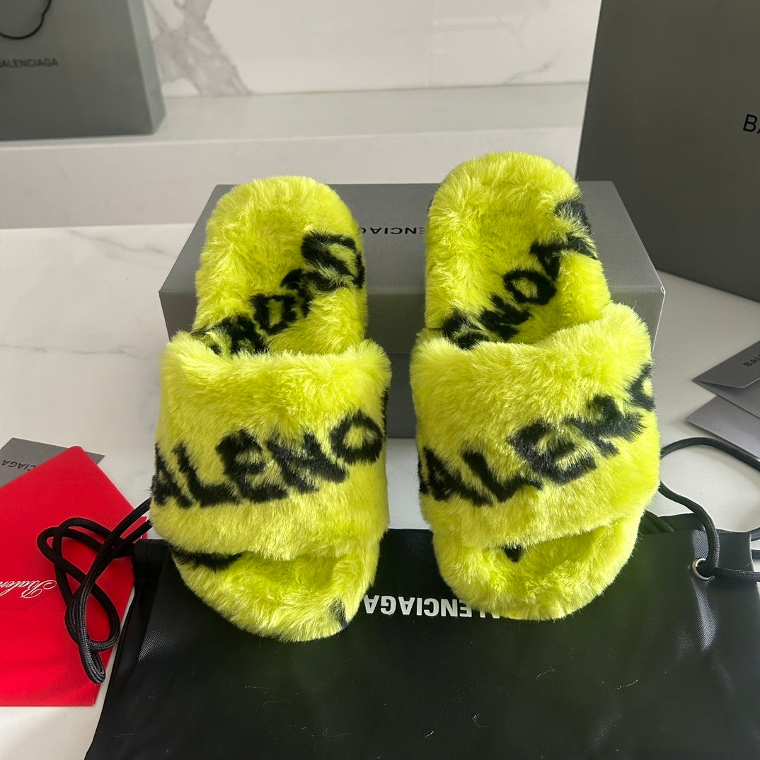 NEON YELLOW FAUX FUR LOGO SLIDE SANDALS