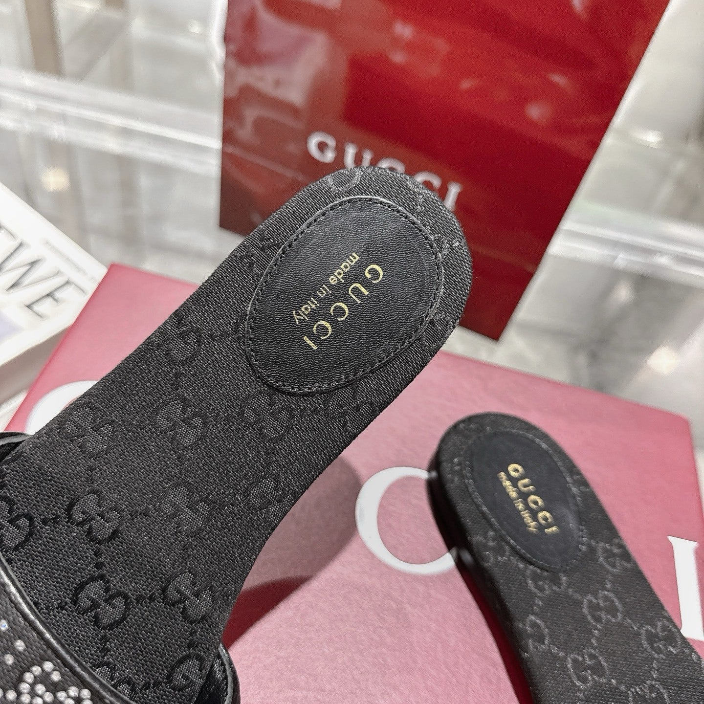 BLACK EMBELLISHED SLIDE SANDALS