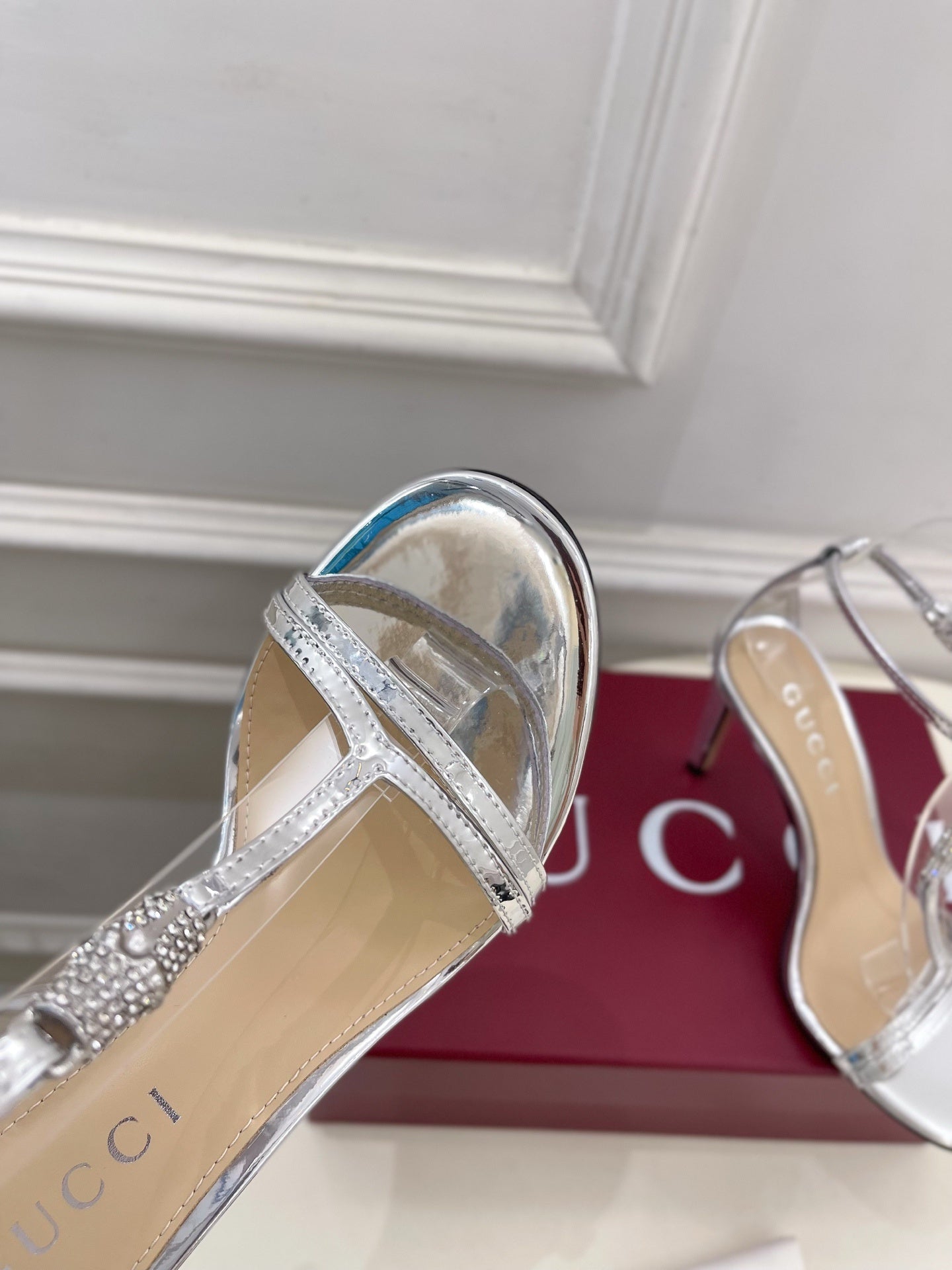 SILVER TRANSPARENT STRAPPY HEEL SANDALS