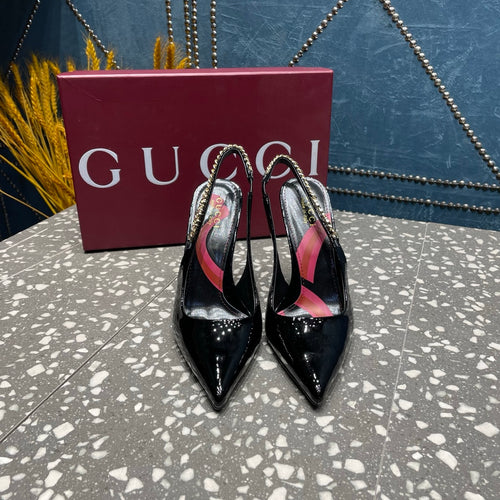 BLACK PATENT CHAIN SLINGBACK PUMPS