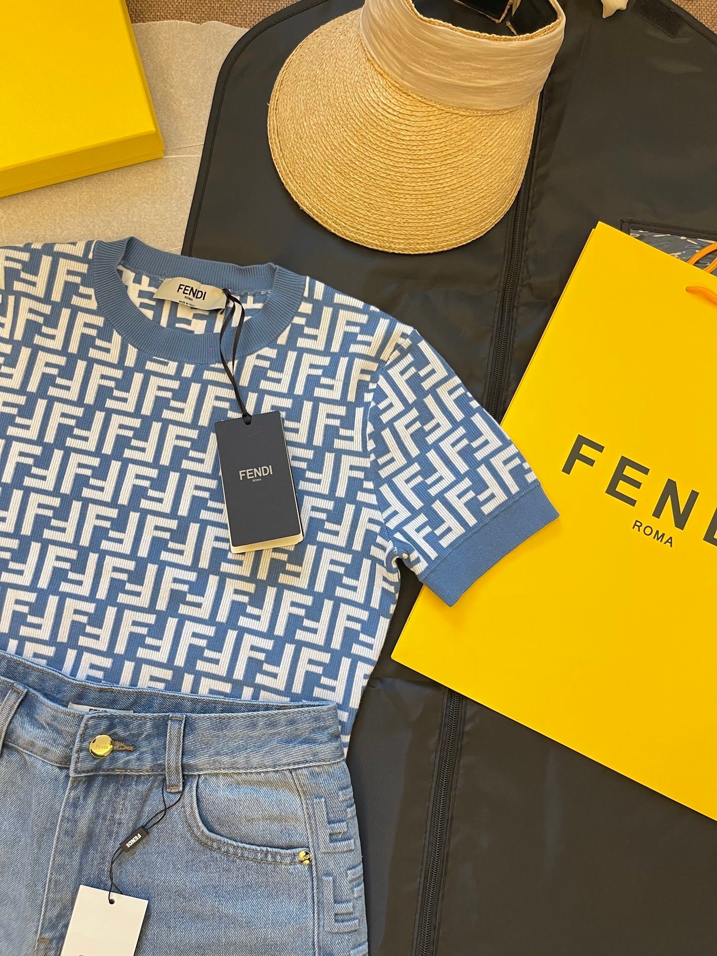 FENDI MONOGRAM KNIT TOP & DENIM SHORT SET
