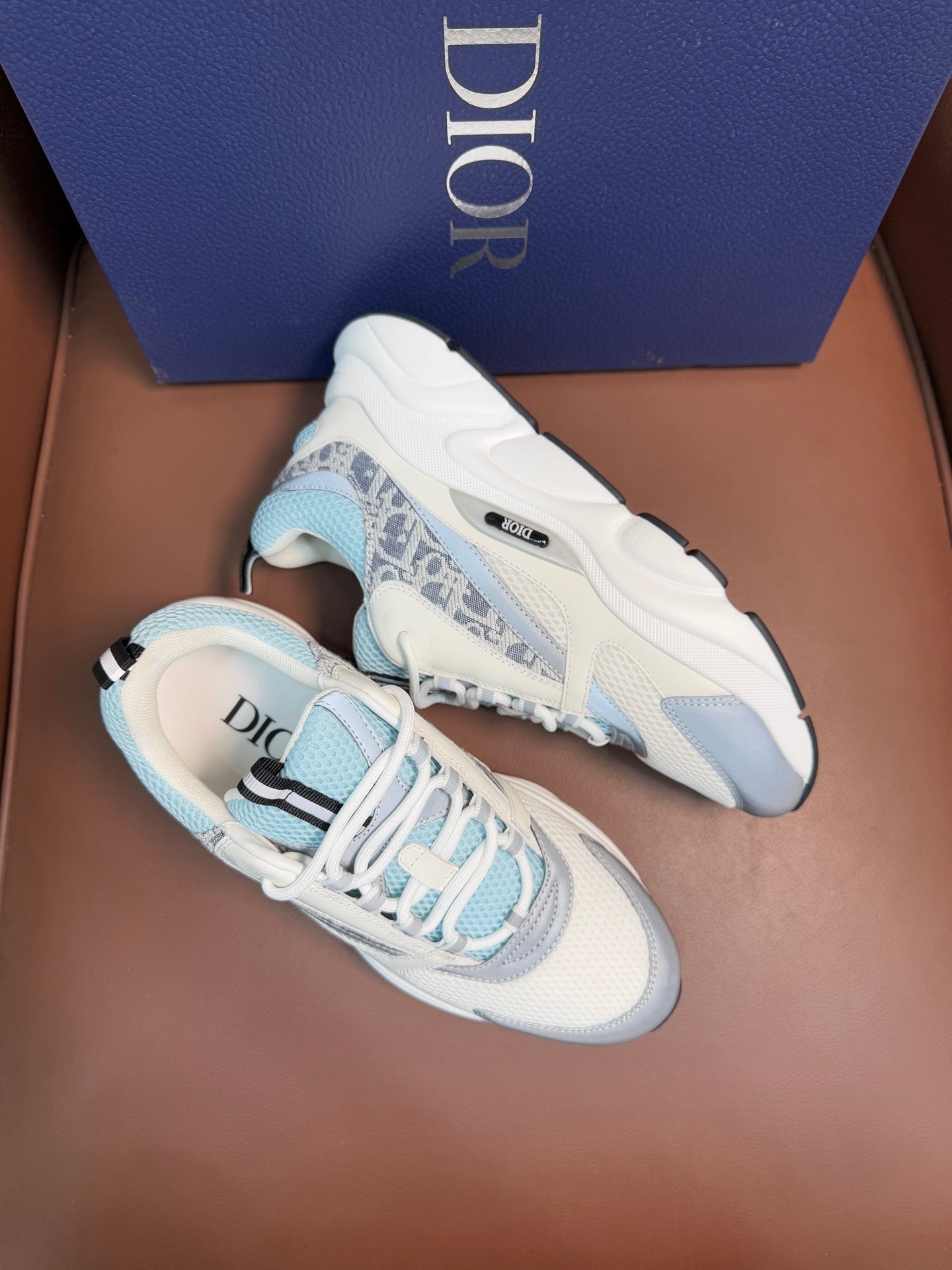 WHITE, GREY & ICE BLUE MONOGRAM CHUNKY SNEAKERS