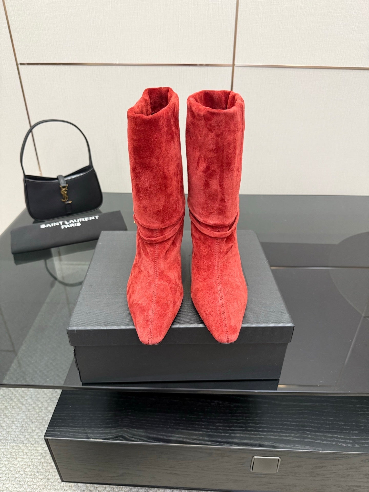 RED SUEDE HEEL BOOTS