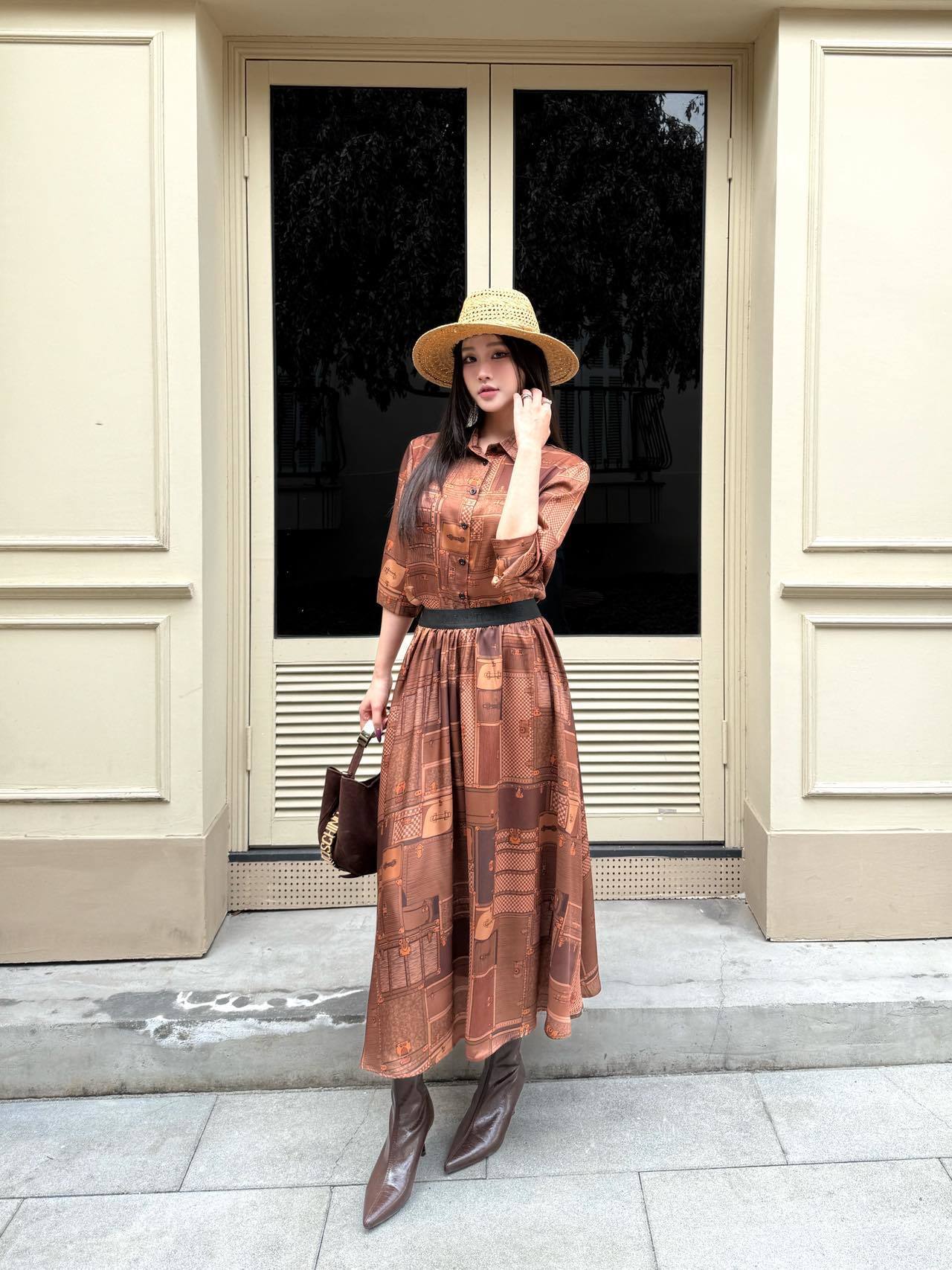 PRINTED BUTTON-FRONT MIDI DRESS WITH WAIST BELT