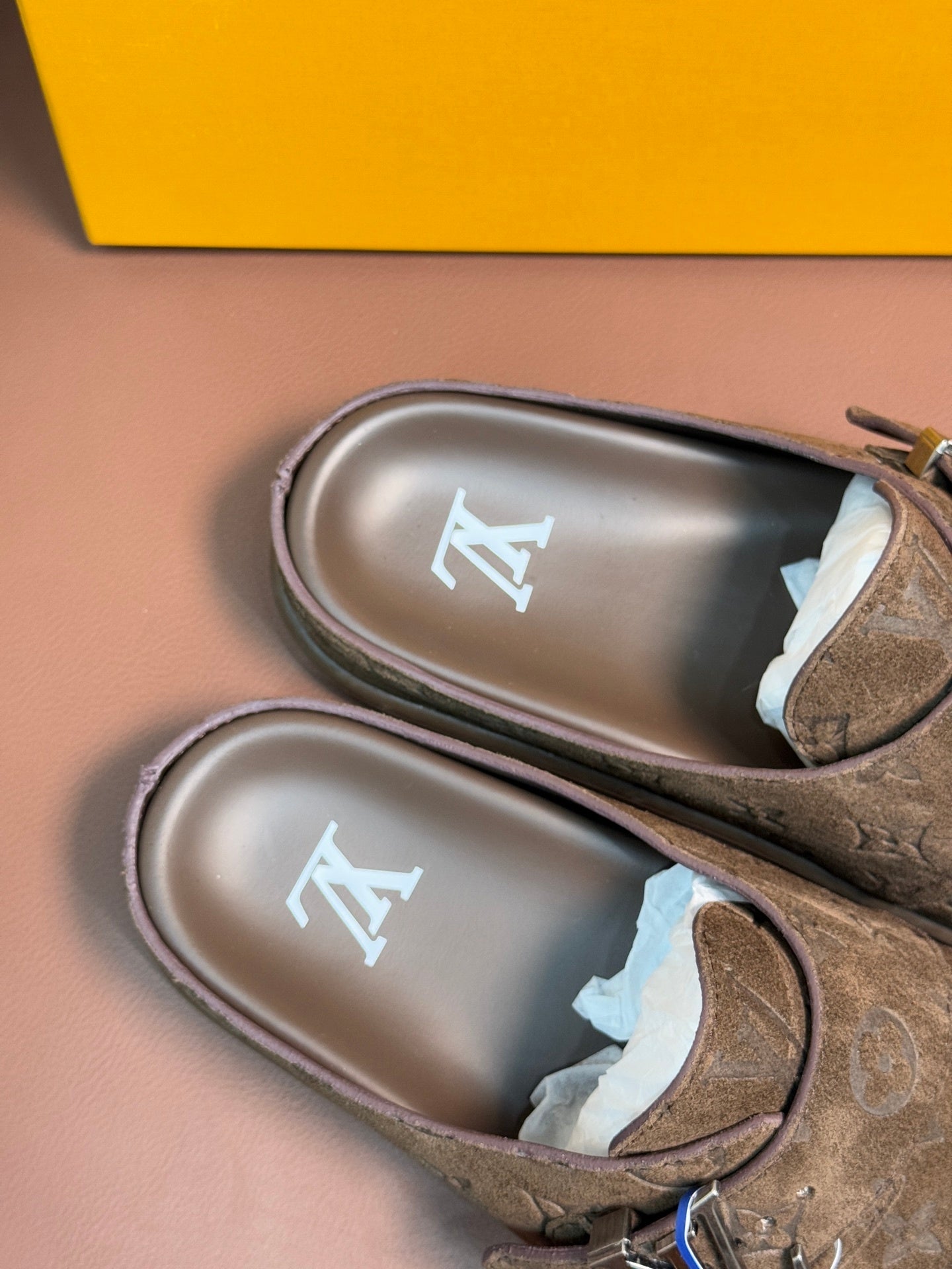 BROWN EMBOSSED SUEDE SLIDE CLOGS