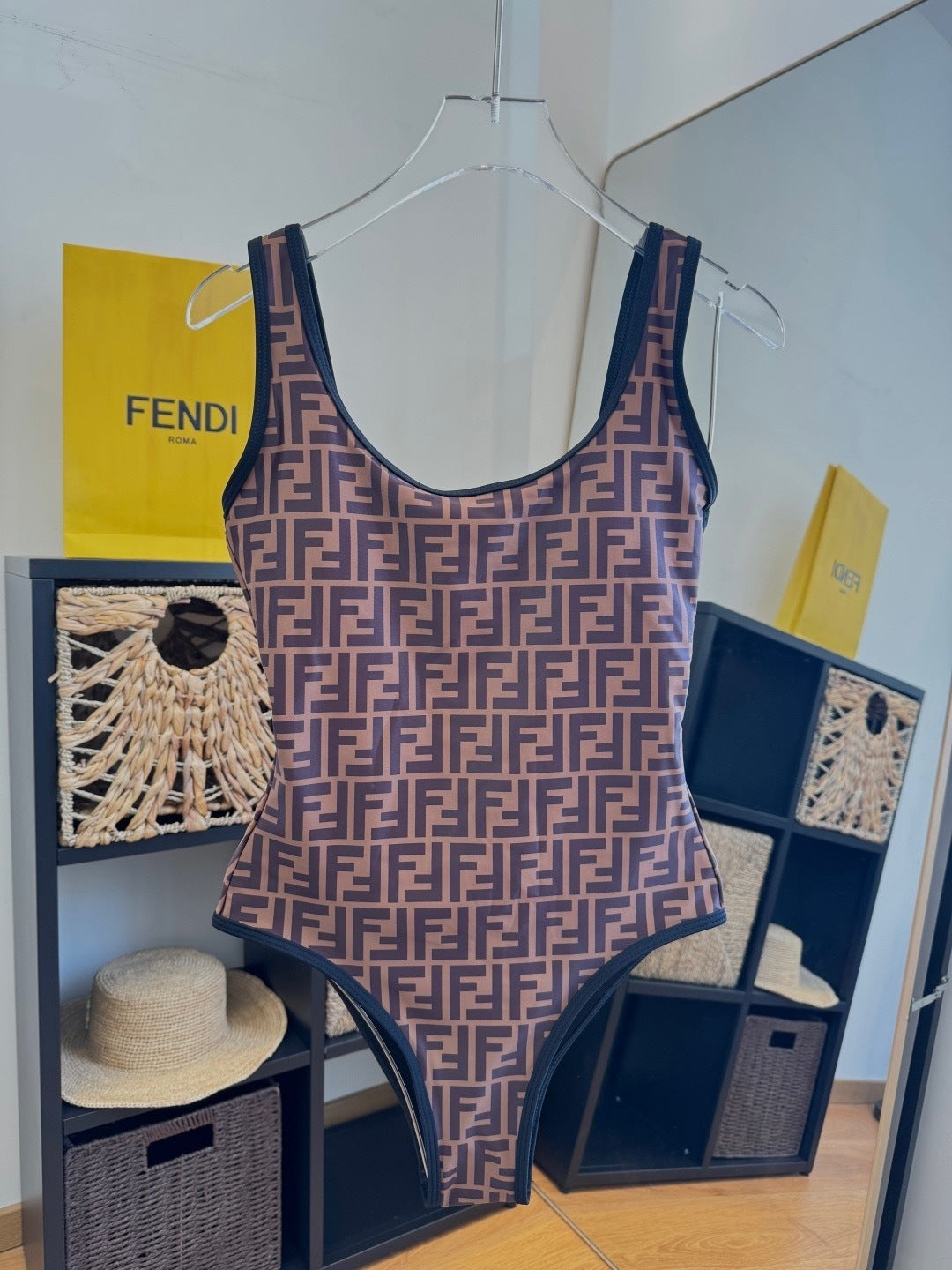 BROWN MONOGRAM SCOOP NECK ONE-PIECE SWIMSUIT