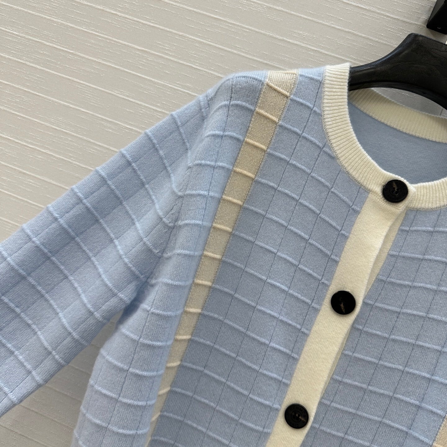 SOFT BLUE TEXTURED CARDIGAN WITH CONTRAST BUTTONS