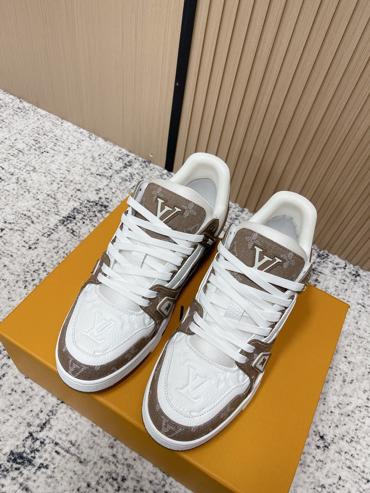 WHITE & TAUPE MONOGRAM LOW-TOP SNEAKERS