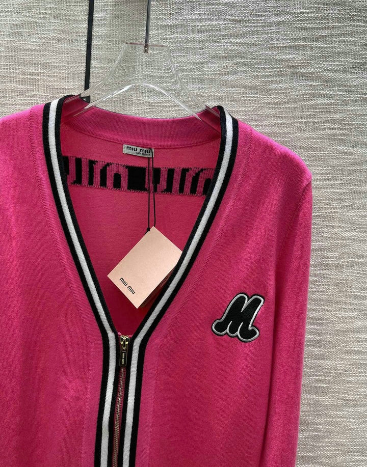ZIP-UP CONTRAST KNIT CARDIGAN