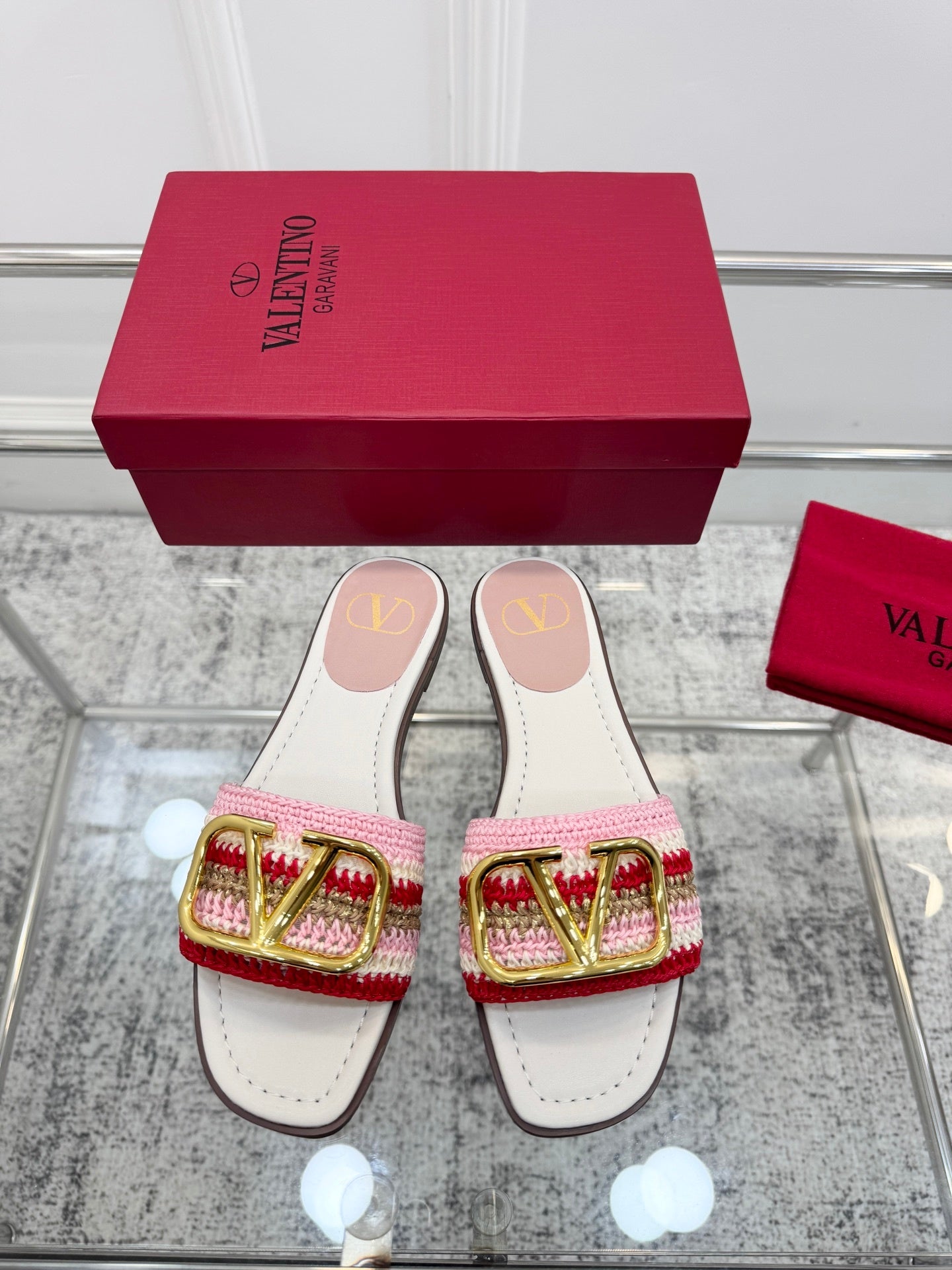 WOVEN STRAP FLAT SLIDES – PINK MULTICOLOR WITH GOLD BUCKLE