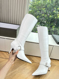 WHITE KNEE-HIGH BUCKLE HEEL BOOTS