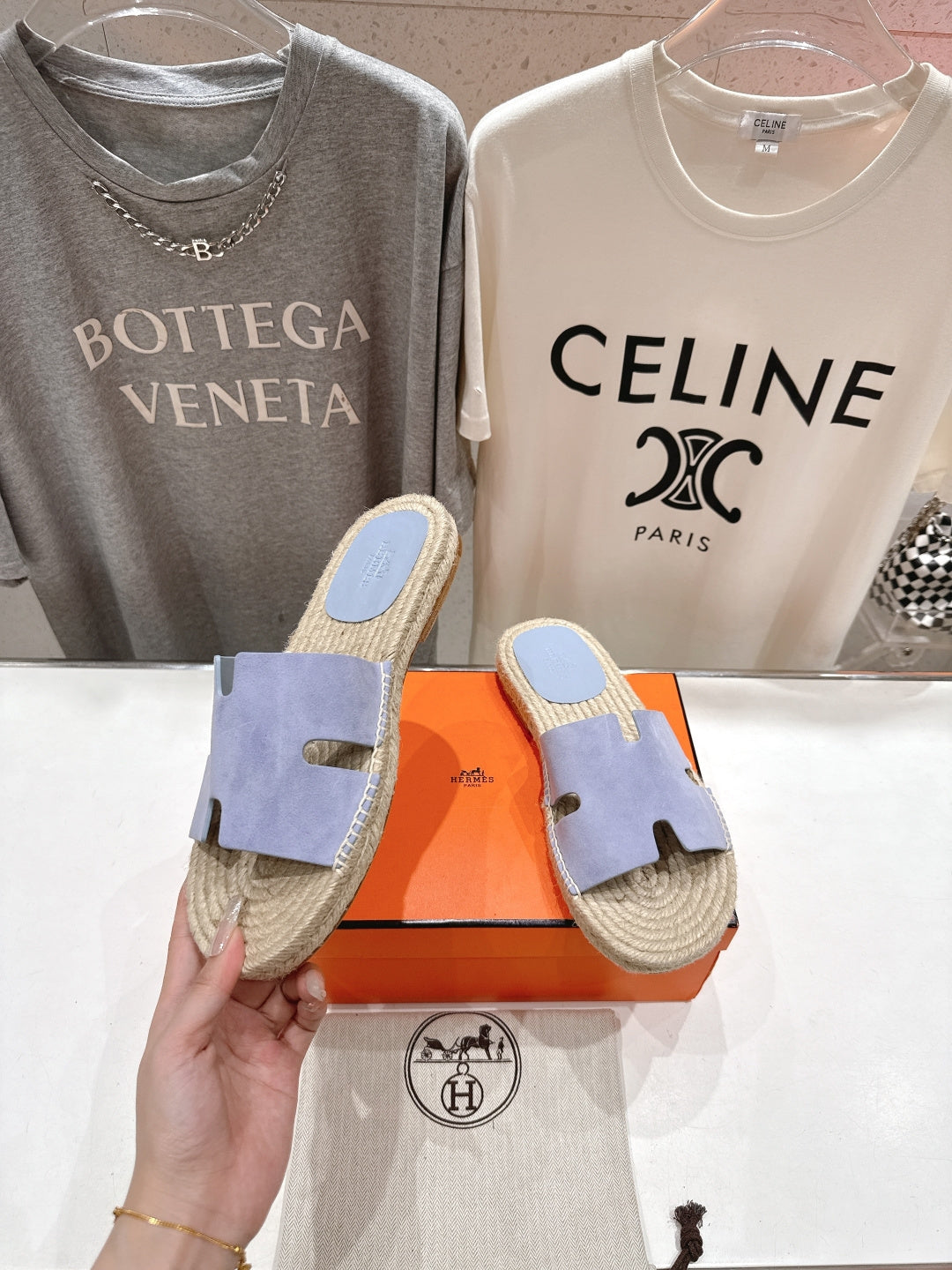 LIGHT BLUE ESPADRILLE STYLE SLIDE SANDALS
