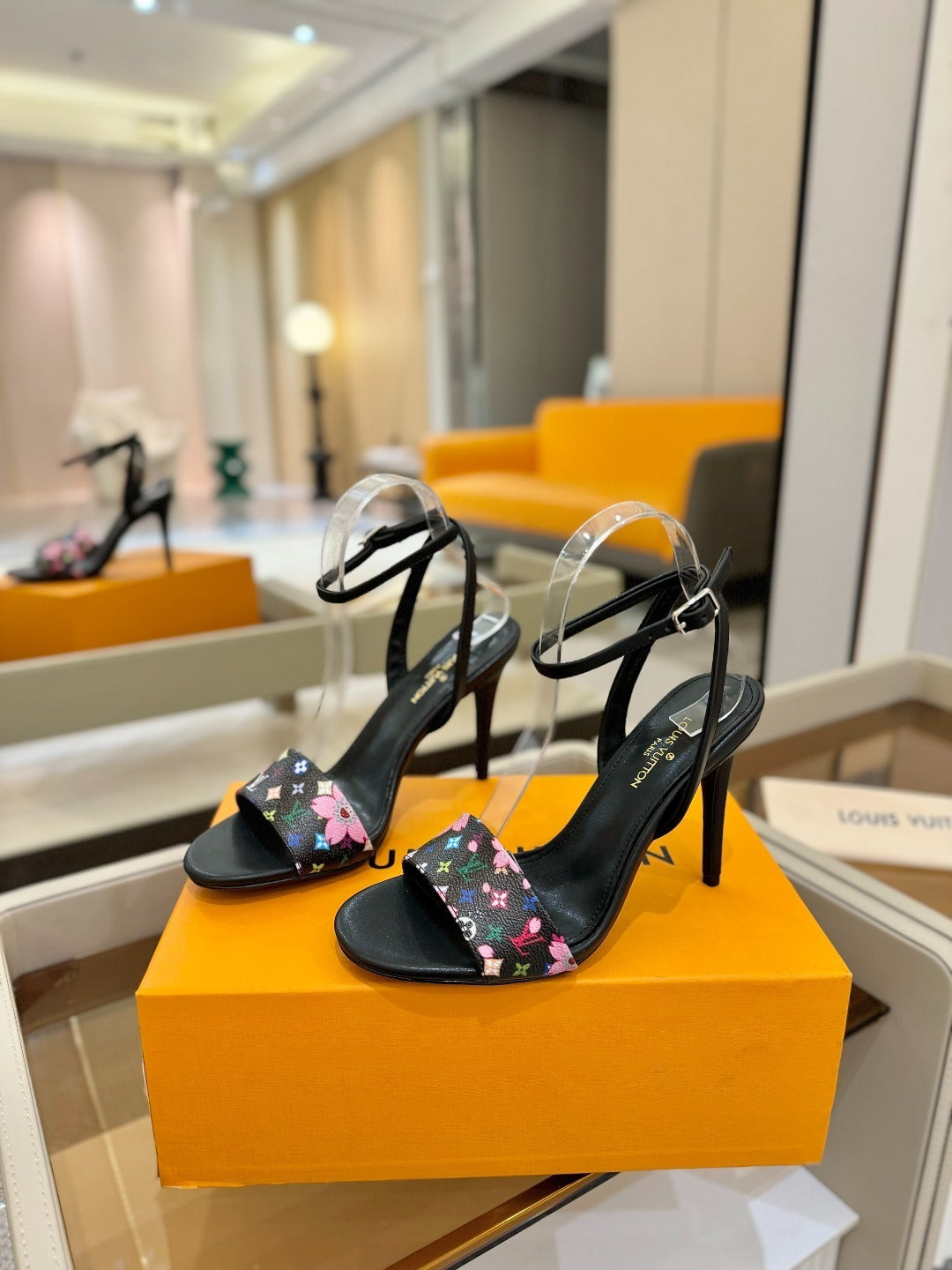 FLORAL MONOGRAM STRAP STILETTO SANDALS – BLACK