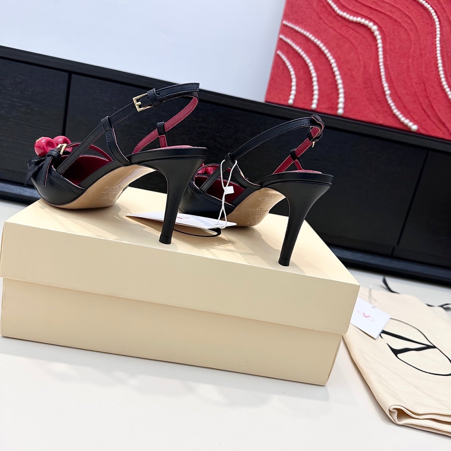 CHERRY EMBELLISHED T-STRAP POINTED HEEL PUMPS – BLACK