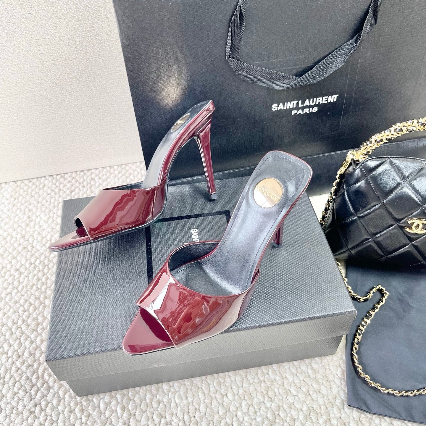 BURGUNDY PATENT OPEN-TOE MULE HEELS