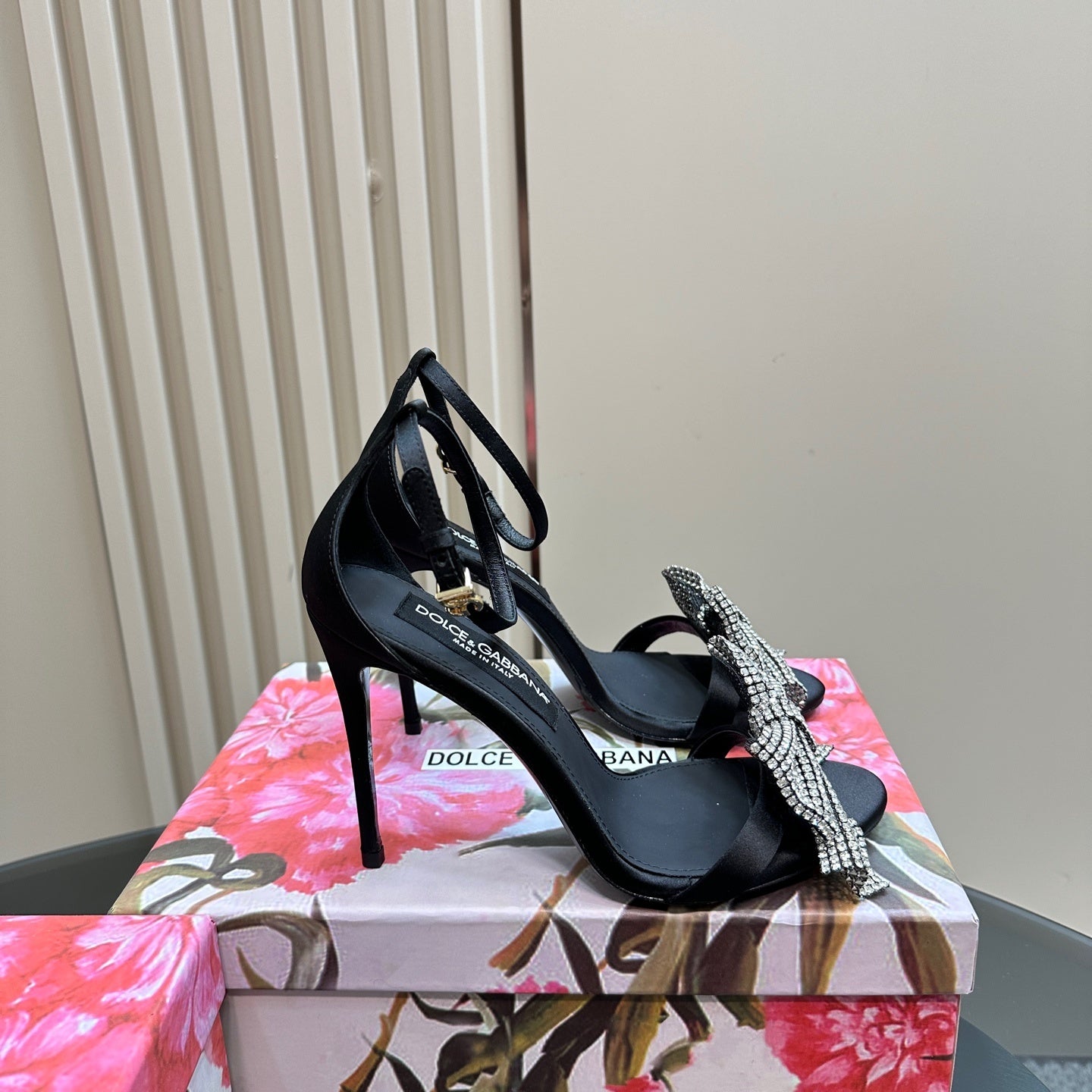 BLACK SATIN CRYSTAL BOW STILETTO HEELS