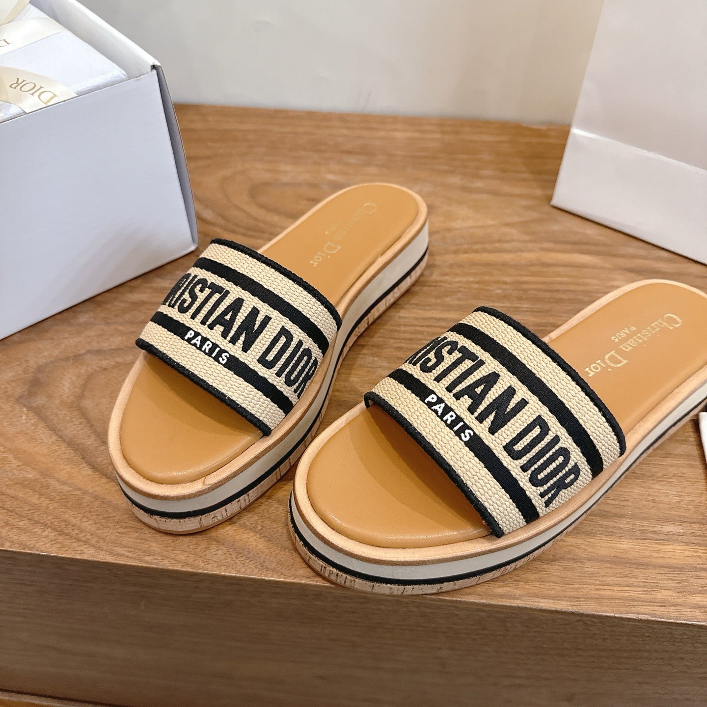 BLACK & BEIGE LOGO STRAP PLATFORM SLIDE SANDALS