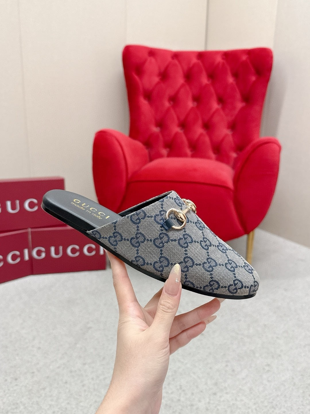 CANVAS MULE LOAFERS WITH GOLD HORSEBIT DETAIL