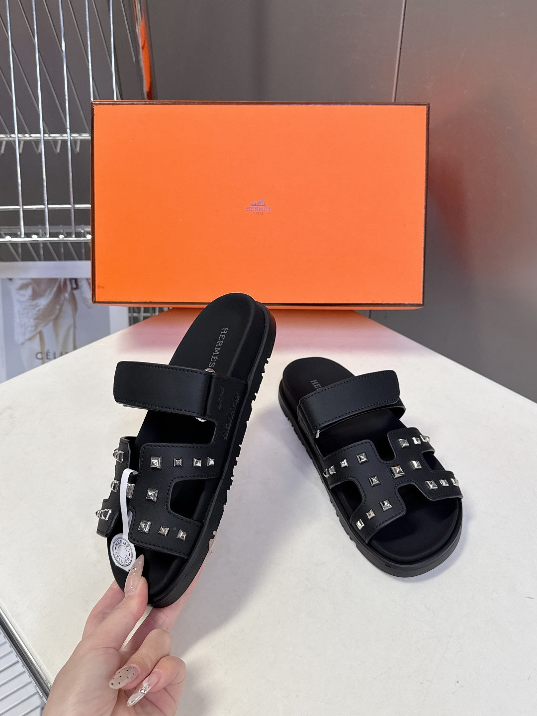 BLACK STUDDED SLIDE SANDALS