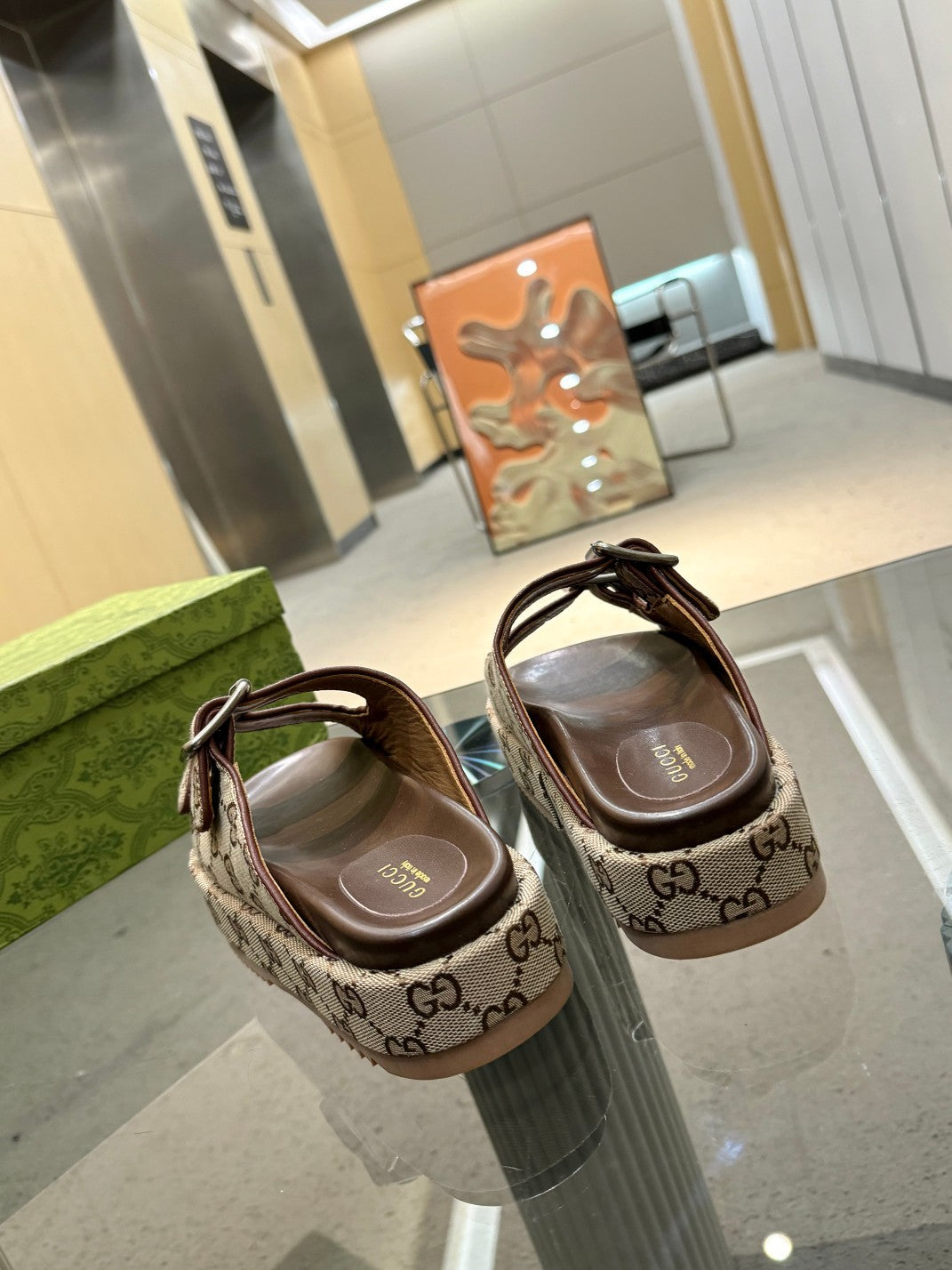 BEIGE MONOGRAM DOUBLE-STRAP PLATFORM SANDALS