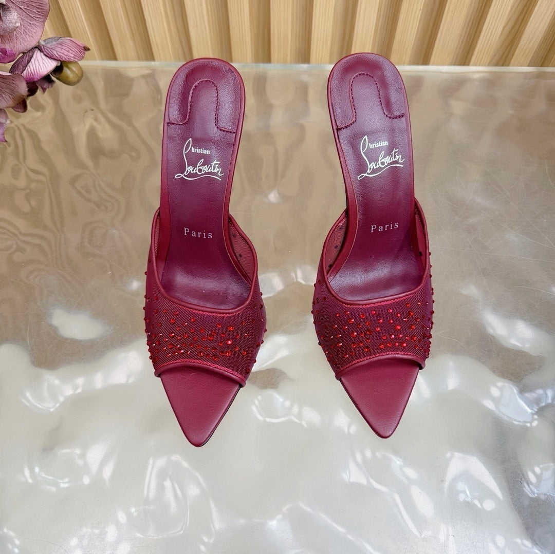 BURGUNDY RHINESTONE MULE HEELS