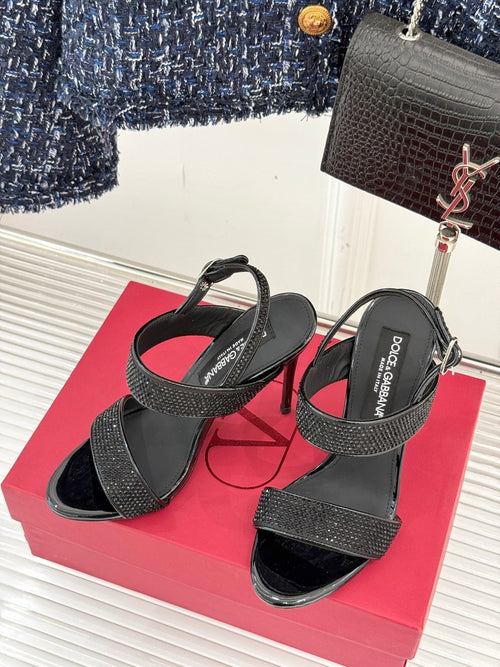 BLACK CRYSTAL-EMBELLISHED STRAPPY STILETTO HEELS