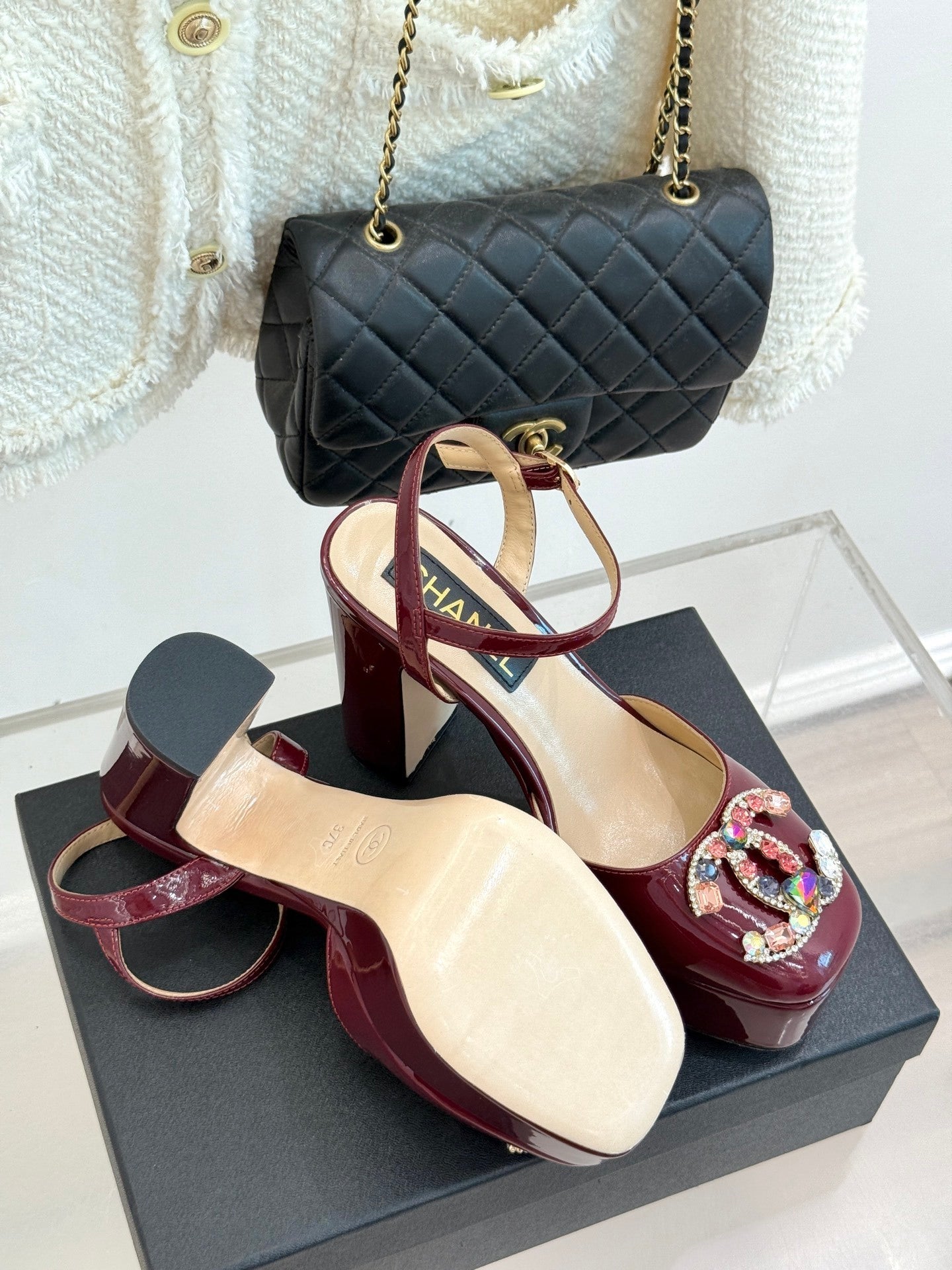 BURGUNDY PATENT PLATFORM CRYSTAL HEELS