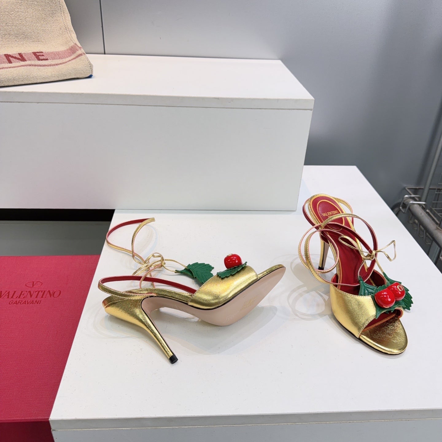 CHERRY EMBELLISHED STRAPPY HEEL SANDALS – GOLD