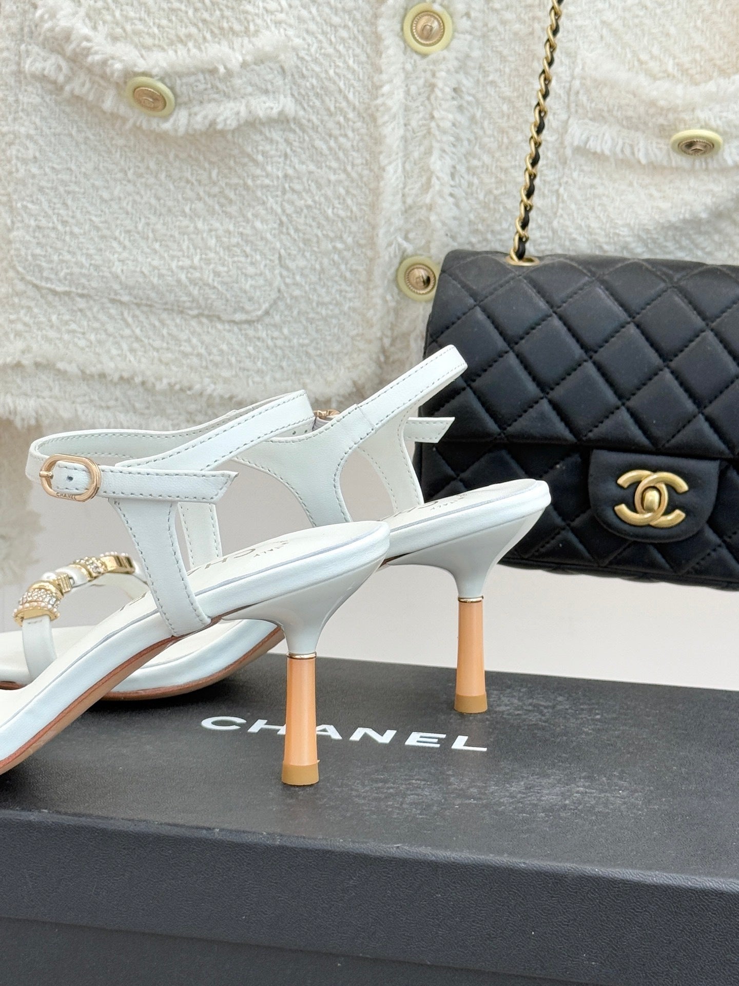 WHITE EMBELLISHED STRAPPY HEEL SANDALS