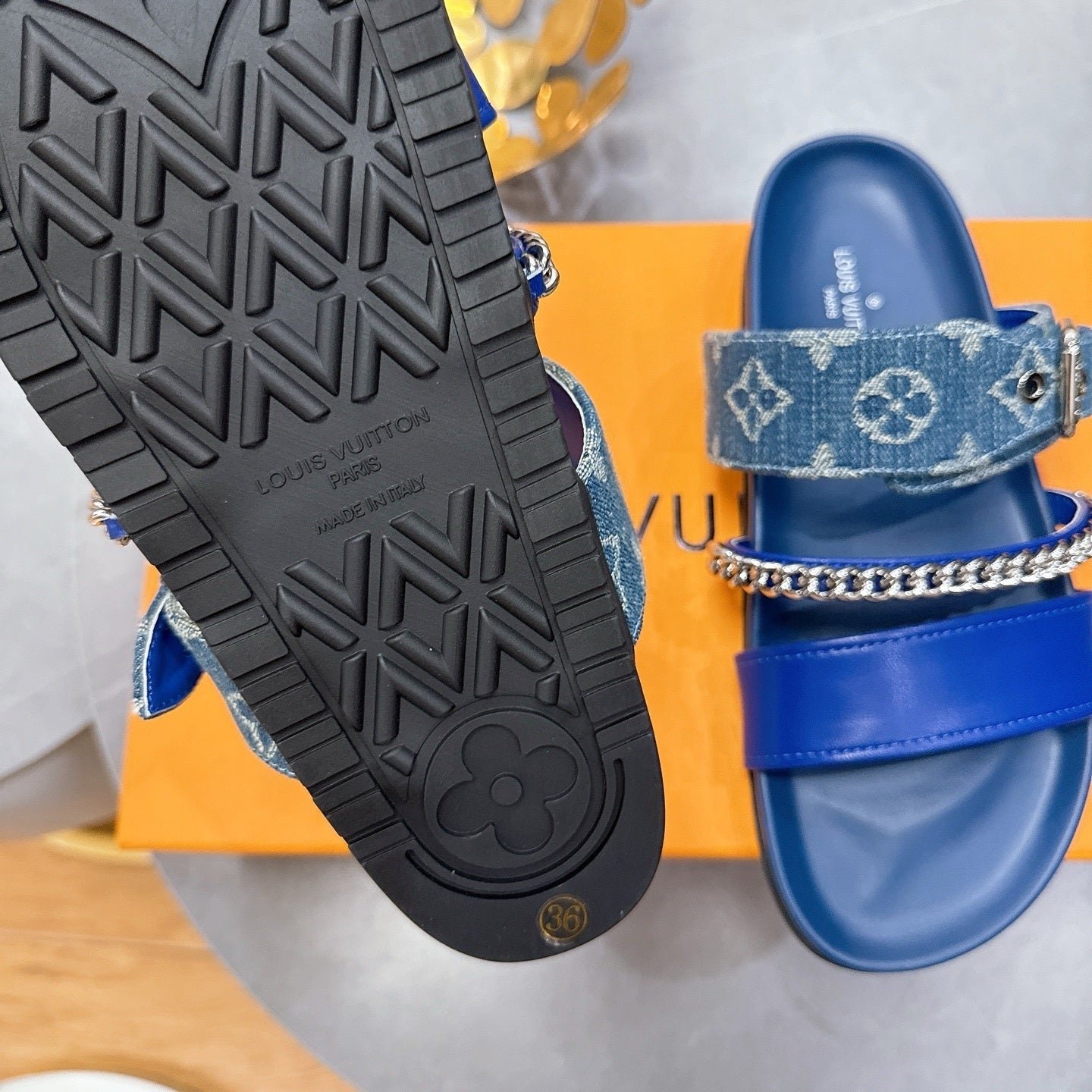 BLUE MULTI-STRAP CHAIN DETAIL SLIDE SANDALS