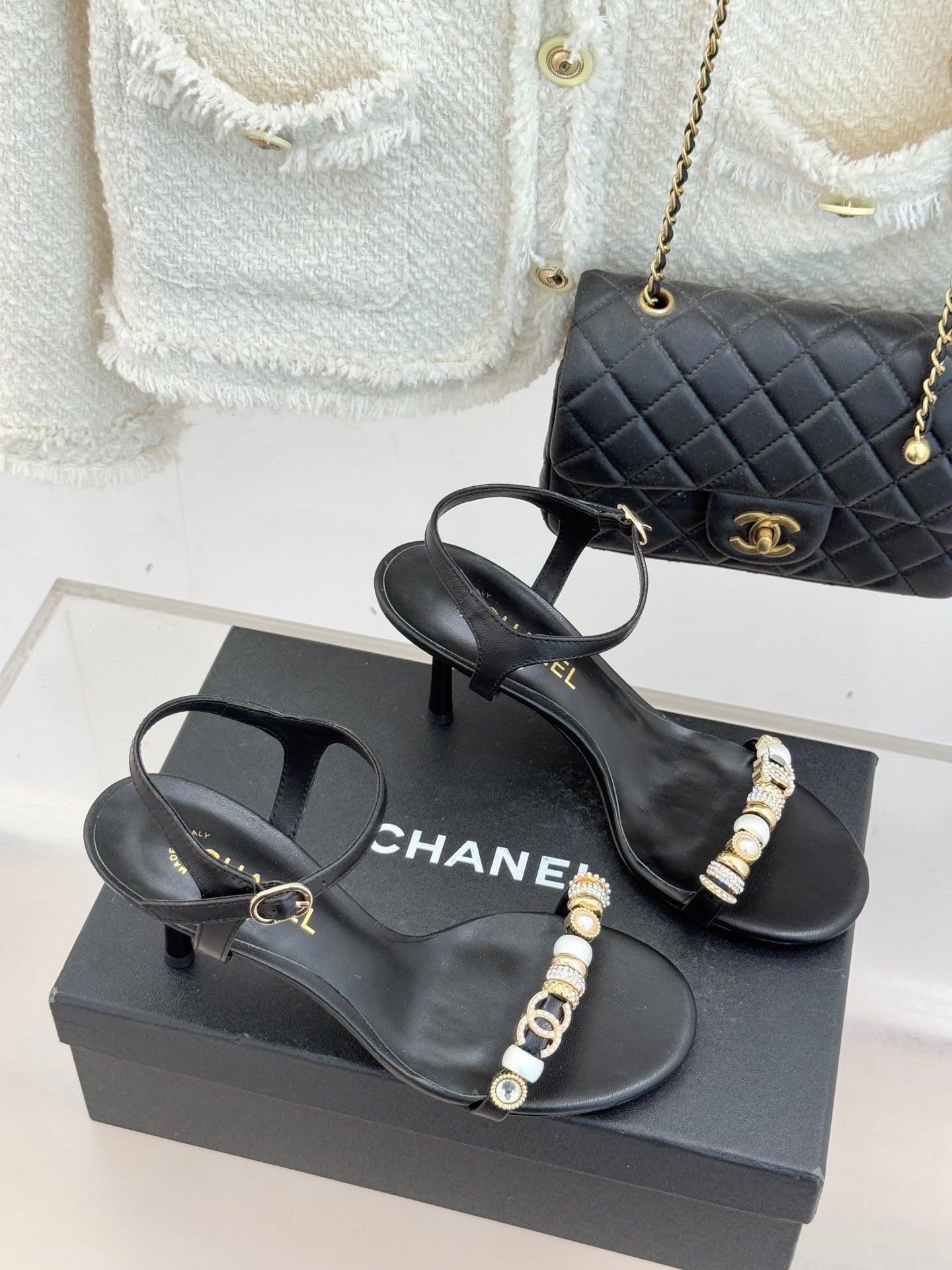 BLACK EMBELLISHED STRAPPY HEEL SANDALS