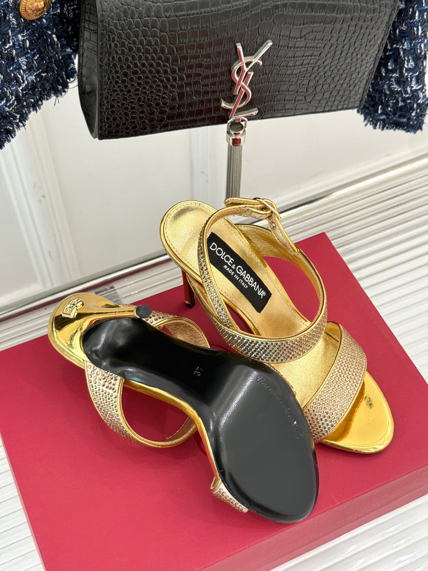 GOLD CRYSTAL-EMBELLISHED STRAPPY STILETTO HEELS