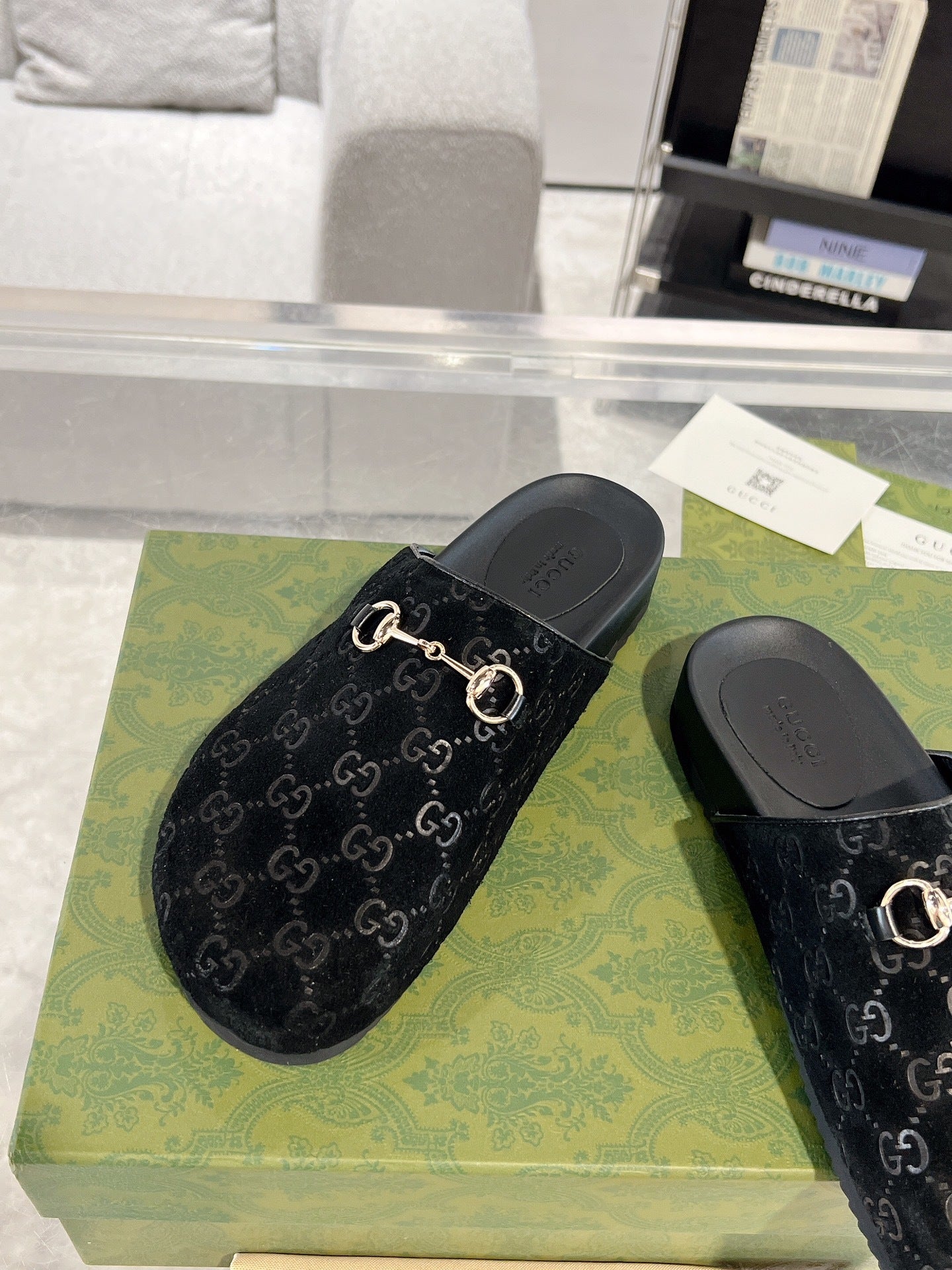 BLACK EMBOSSED MULE SLIDES