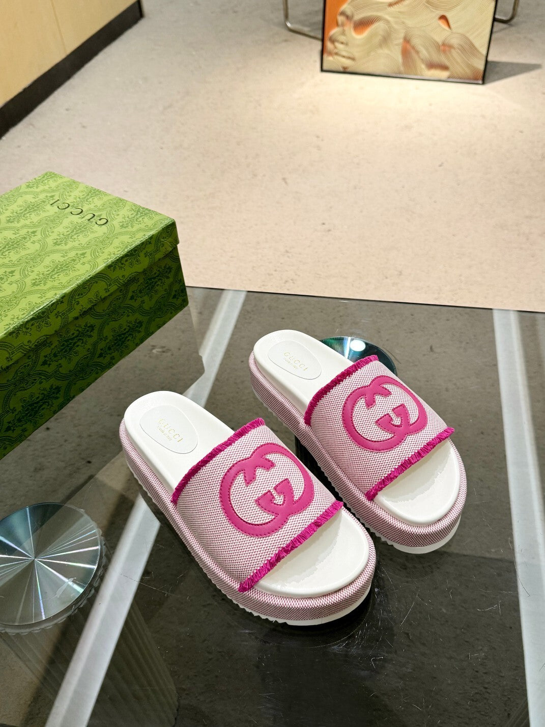 PINK PLATFORM SLIDE SANDALS