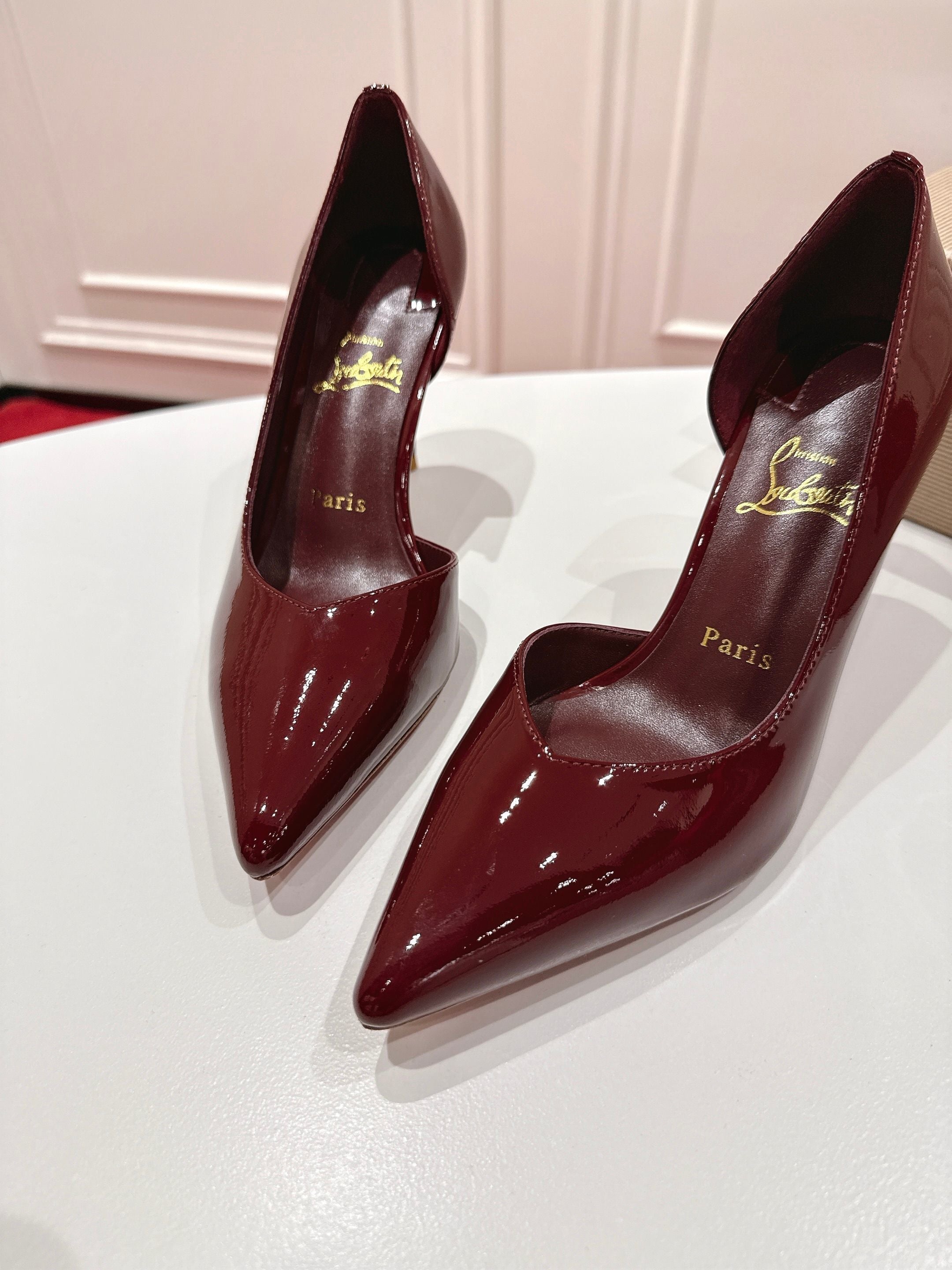 BURGUNDY PATENT POINTED-TOE CLASSIC PUMPS