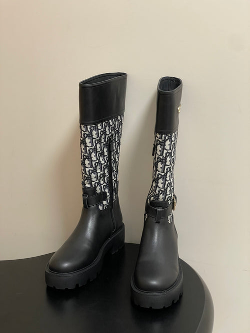 BLACK MID-CALF BOOTS WITH MONOGRAM FABRIC PANEL AND BUCKLE DETAIL