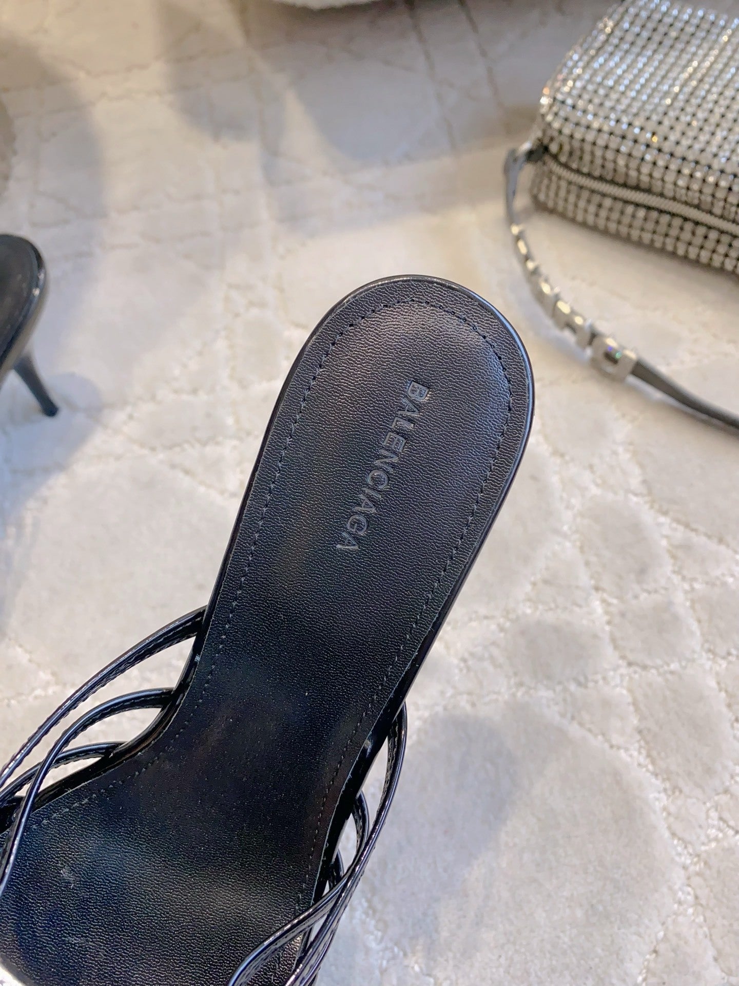CRYSTAL EMBELLISHED BLACK STRAPPY HEELS