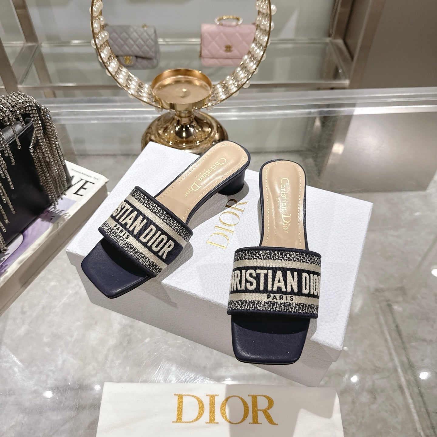 LOGO JACQUARD LOW HEEL SLIDE MULES