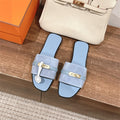SKY BLUE SUEDE BUCKLE SLIDE SANDALS